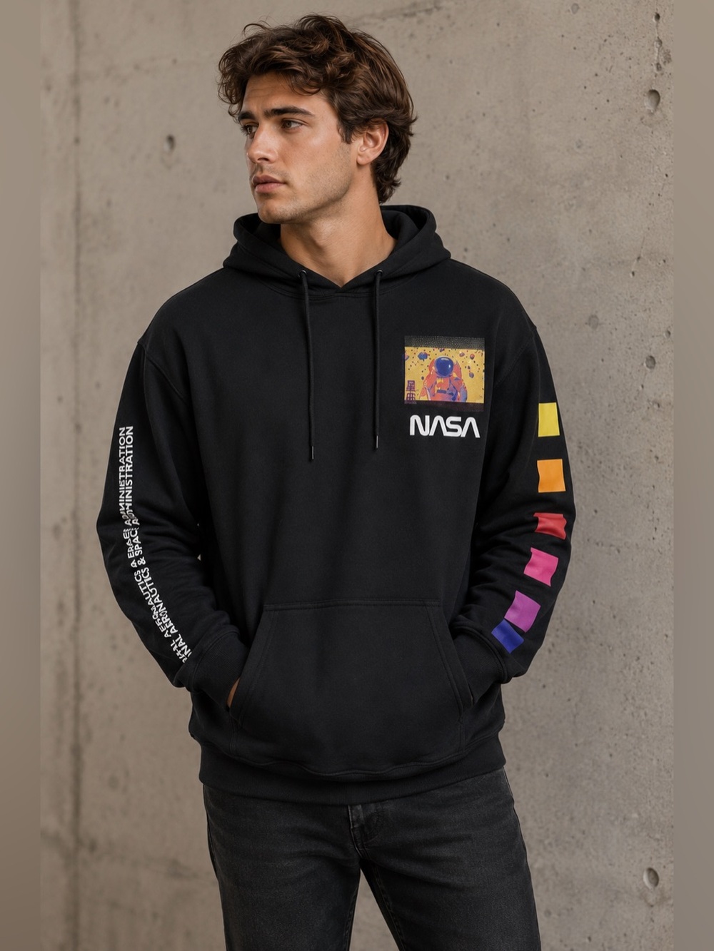 Hyper Space NASA Astronaut Graphic Unisex Hoodie Black Colorblock Sleeve Size XL